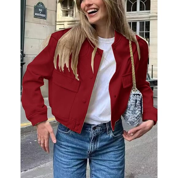 Women Red Cropped Bomber Jacket Button Down Varsity Shacket with Pockets - Picture 2 of 5